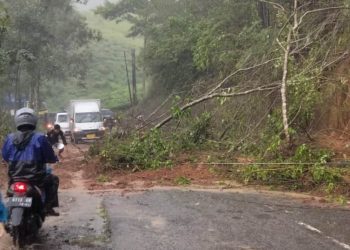 Longsor menutup badan Jalan Raya Bungbulang. Waspadai potensi cuaca ekstrem