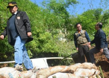 Pj Bupati Sumedang Herman Suryatman bersama para kepala perangkat daerah yang terkait meninjau pesawahan warga di Dusun Cikubang Desa Sukahayu Kecamatan Rancakalong yang terkena longsor, Kamis, 8 Februari 2024. Akibat longsor tersebut lahan pesawahan seluas 1,2 hektare terancam gagal panen.