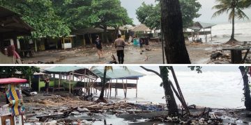 Polisi pantau ombak Pantai Pelabuhanratu menyusul terjadinya kenaikan gelombak air laut di pantai wilayah Desa Citepus.