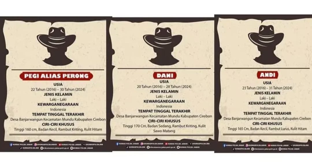 Polda Jabar merilis dan menyebarluaskan tiga orang DPO kasus pembunuhan Vina dan Eky di Cirebon, Agustus 2016.(Foto:Humas Polda Jabar).
