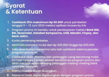 Promo tiket kereta api selama libur sekolah dari PT Kereta Api Indonesia (Persero) berupa cashback 25% maksimum Rp50.000. Menurut siaran pers KAI, hal itu berlaku untuk pembelian tiket kereta api tanggal 11 – 13 Juni 2024 melalui aplikasi Access by KAI, bagi pelanggan yang beruntung.