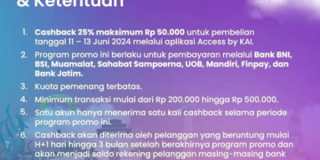 Promo tiket kereta api selama libur sekolah dari PT Kereta Api Indonesia (Persero) berupa cashback 25% maksimum Rp50.000. Menurut siaran pers KAI, hal itu berlaku untuk pembelian tiket kereta api tanggal 11 – 13 Juni 2024 melalui aplikasi Access by KAI, bagi pelanggan yang beruntung.