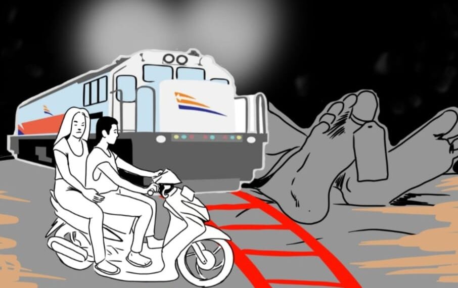 Ilustrasi pegendara sepeda motor terobos pintu perlintasan kereta api.(Foto:Istimewa).