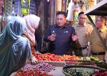 Pj Bupati Bekasi, Dedy Supriyadi meninjau harga bahan pokok di Pasar Serang, Kecamatan Cikarang Selatan, Selasa (29/10/24). Foto : Nurachman Akbar/Newsroom Diskominfosantik.