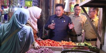 Pj Bupati Bekasi, Dedy Supriyadi meninjau harga bahan pokok di Pasar Serang, Kecamatan Cikarang Selatan, Selasa (29/10/24). Foto : Nurachman Akbar/Newsroom Diskominfosantik.