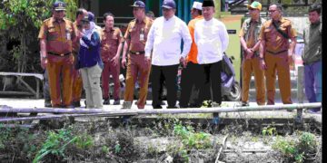 Pj. Bupati Bekasi Dedy Supriyadi bersama Kepala Dinas (SDA-BMBK) Henri Lincoln meninjau normalisasi saluran sekunder (SS) kali Cilemah Abang hulu Sukatani, yang berada di Kp. Rawa Makmur, Desa Karang Raharja. Kecamatan Cikarang Utara pada Senin, (30/09/2024). FOTO : ENDAR RAZIQ B / NEWSROOM DISKOMINFOSANTIK.