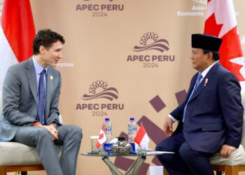 Presiden Republik Indonesia, Prabowo Subianto, melakukan pertemuan bilateral dengan Perdana Menteri Kanada, Justin Trudeau, di sela-sela KTT APEC yang berlangsung di Lima Convention Center (LCC), Peru, Jumat (15/11/2024).