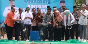 Pj Bupati Bekasi Dedy Supriyadi launching Rintisan Sentra Ikan Patin Bekasi (SEPASI) yang digelar Dinas Perikanan Kabupaten Bekasi di UPTD Pembenihan Ikan, Desa Cipayung Kecamatan Cikarang Timur, pada Kamis (31/10/2023).(FOTO: Humas Pemkab Bekasi)