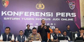 Pengungkapan kasus judi online jaringan internasional oleh Satgas Bareskrim Polri, di Mabes Polri.(Foto:Istimewa).