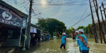 Petugas PLN memastikan jaringan listrik yang berpotensi terendam air untuk keamanan ketenagalistrikan bagi warga.