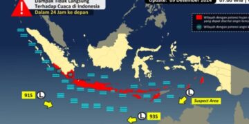 BMKG mengeluarkan peringatan dini terjadinya gelombang tinggi dan hujan angin di sejumlah daerah.(Foto:BMKG).