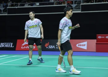Sabar Karyaman Gutama/Moh Reza Pahlevi Isfahani di Singapore Open 2025.(Foto: Dok. PBSI)