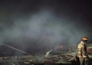 Petugas pemadam kebakaran melakukan proses pendinginan di lokasi peternakan ayam yang terbakar.(Foto:Istimewa).