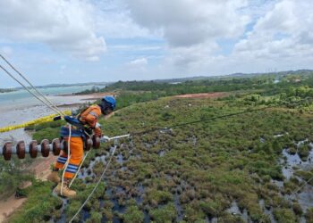 Petugas PLN tengah melakukan pemeliharaan jaringan transmisi Saluran Udara Tegangan Tinggi (SUTT) 150 kiloVolt (kV) sebagai bagian dari upaya memastikan keandalan pasokan listrik secara nasional. (Dok. Istimewa_