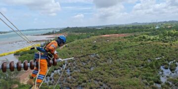 Petugas PLN tengah melakukan pemeliharaan jaringan transmisi Saluran Udara Tegangan Tinggi (SUTT) 150 kiloVolt (kV) sebagai bagian dari upaya memastikan keandalan pasokan listrik secara nasional. (Dok. Istimewa_