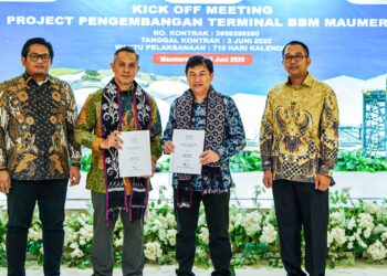 Pembangunan untuk pengembangan Terminal BBM Maumere akan dilaksanakan oleh Konsorsium PT Nindya Karya – PT Bangun Bejana Baja (KSO NK-BBB), dengan pengawasan langsung oleh PT Pertamina Patra Niaga. (Dok. Istimewa)