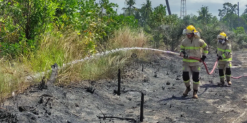 Foto : Tim Gabungan melakukan pemadaman di lokasi lahan yang terbakar pada wilayah Kabupaten Belitung Timur, Provinsi Kepulauan Bangka Belitung, Sabtu (26/7). (BPBD Kabupaten Bangka Belitung.