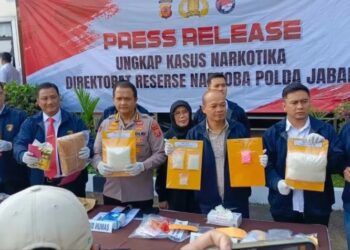 Keterangan pers Polda Jabar pengungkapan kasus narkoba jaringan internasional.(Foto:Istimewa).