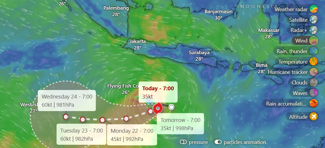 Tangkapan layar simulasi Badai Tropis Nine.(Image: Windy.com)