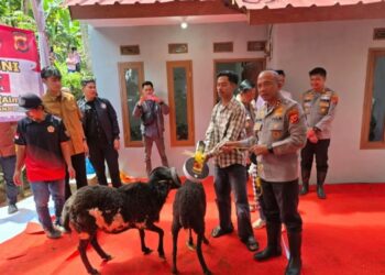 Kapolda Jabar, Irjen Pol. Rudi Setiawan, serahkan bangunan rumah dan hewan ternak buat warga di Cianjur tinggal di kandang kambing.(Foto:Istimewa).