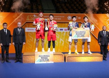 Pasangan ganda putra Indonesia, Leo Rolly Carnando/Bagas Maulana tampil sebagai juara usai kalahkan sesama pemain Indonesia Raymond Indra/Nikolaus Joaquin 21-10, 21-17.(Foto: DOk. PBSI)