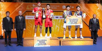 Pasangan ganda putra Indonesia, Leo Rolly Carnando/Bagas Maulana tampil sebagai juara usai kalahkan sesama pemain Indonesia Raymond Indra/Nikolaus Joaquin 21-10, 21-17.(Foto: DOk. PBSI)