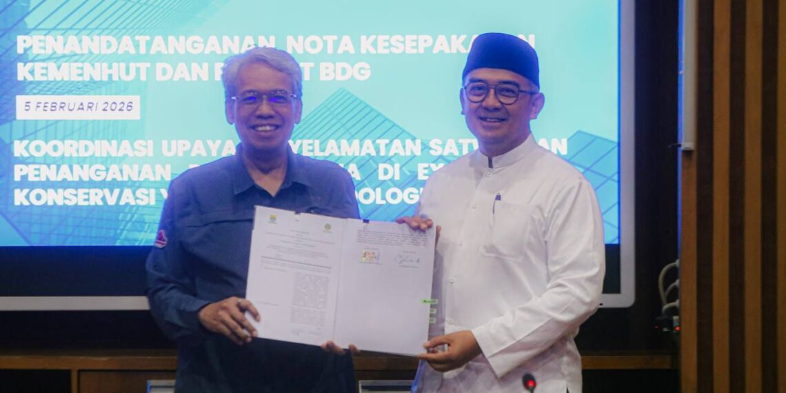 Direktur Jenderal KSDAE Kementerian Kehutanan, Satyawan Pudyatmoko dan Wali Kota Bandung Muhammad Farhan, usai penandatanganan nota kesepakatan dengan Pemkot Bandung, Kamis, 5 Februari 2026.(Foto: Humas Pemkot Bandung)