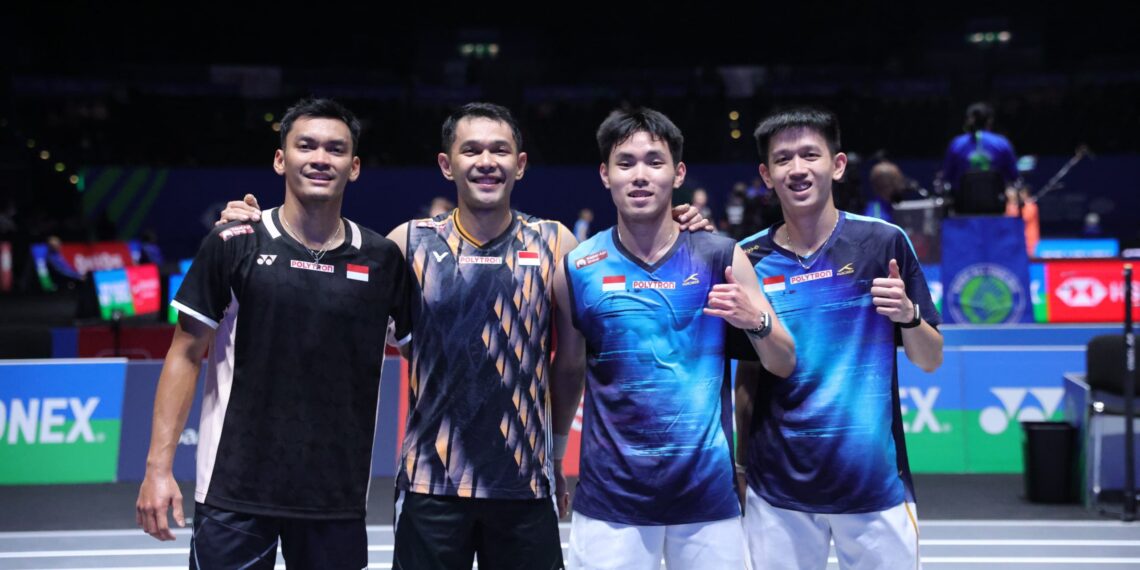 Duel sesama wakil Indonesia terjadi ganda putra di babak 16 besar All England 2026 yang berlangsung Kamis (5/3/2026). Pasangan Raymond Indra/Nikolaus Joaquin mampu mengandaskan Fajar Alfian/Muhammad Shohibul Fikri 8-21, 21-14, 21-16.(Foto: Humas PBSI)