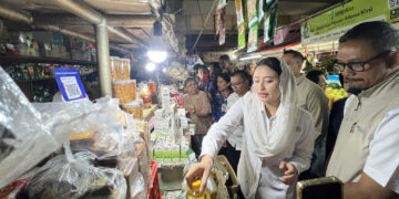 Wakil Menteri Perdagangan, Dyah Roro Esti meninjau harga dan stok barang kebutuhan pokok (bapok) di Pasar Mayestik, Jakarta, Selasa (17 Mar).(Foto: Dok. Kemendag)