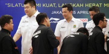 Wamenpora RI, Taufik Hidayat, menghadiri acara pelepasan Tim Piala Thomas dan Uber 2026 yang dirangkaikan dengan kegiatan halal bihalal keluarga besar Pelatnas PBSI di Cipayung, Jakarta Timur, Selasa (15/4).(foto:raiky/kemenpora.go.id)