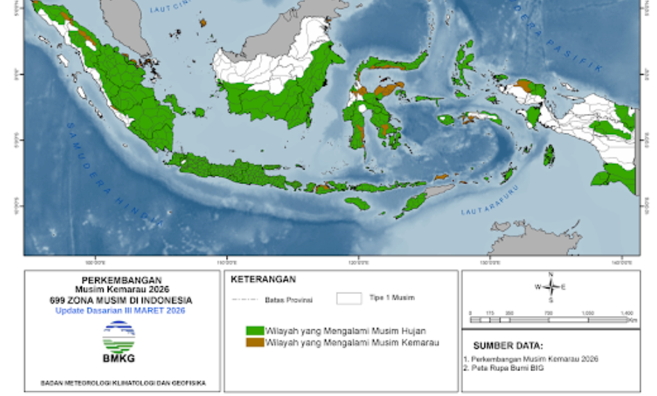 Hingga akhir Maret 2026, sebanyak 7% Zona Musim (Z0M) di Indonesia telah memasuki musim kemarau, ungkap Badan Meteorologi, Klimatologi, dan Geofisika (BMKG).(Image: BMKG)