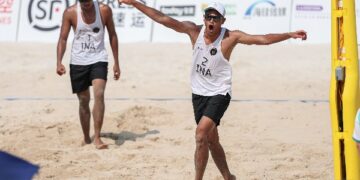 Pasangan tim bola voli pantai putra Indonesia, Bintang Akbar/Sofyan Rachman mampu menembus babak perempat final usai mengandaskan perlawanan Jepang di Asian Beach Games Sanya 2026.(foto:Naif/NOCIndonesia)