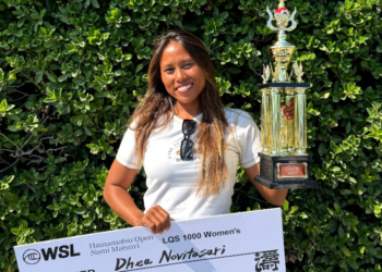 Atlet selancar Indonesia, Dhea Natasya, menorehkan sejarah baru di ajang World Surf League (WSL) Longboard Qualifying Series (LQS) Hamamatsu Open 2026 di Hamamatsu, Jepang.(foto: Istimewa/Kemenpora)