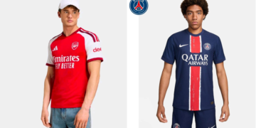 Jersey Arsenal dan jersey PSG.(Image: Marketplace)