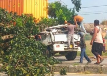 Proses evakuasi korban di dalam truk kontainer yang tertimpa pohon di Jalan Lingkar Tanjungpura, Kabupaten Karawang.(Foto:Istimewa).