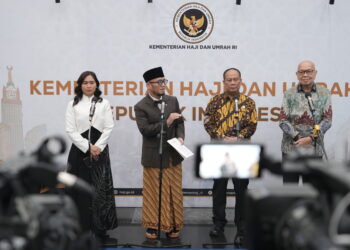(Kiri-kanan, Wamenpar Ni Luh Puspa, Wamenhaj Dahnil Anzar Simanjuntak, Wamenhub Suntana, dan Dirut Garuda Indonesia Glenny H. Kairupan di Jakarta, Kamis (25/6/2026).(Foto: Humas Kemenhaj)