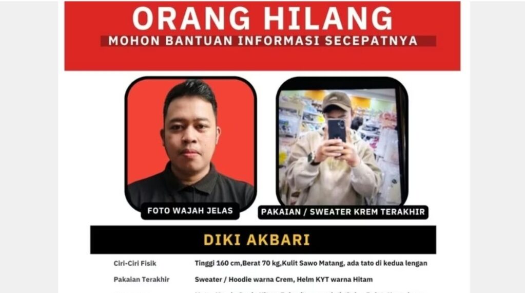Diki Akbari, pengemudi ojek online (ojol), warga Kelurahan Sukapada (Cicadas,), Kecamatan Cibeunying Kidul, Kota Bandung, dilaporkan hilang, sejak Sabtu (25/07/2026) malam.