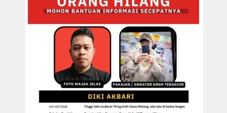 Diki Akbari, pengemudi ojek online (ojol), warga Kelurahan Sukapada (Cicadas,), Kecamatan Cibeunying Kidul, Kota Bandung, dilaporkan hilang, sejak Sabtu (25/07/2026) malam.