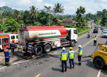 Insiden kebakaran pada ban mobil tangki BBM di Jalan Cianjur–Sukabumi, Kecamatan Warungkondang, Kabupaten Cianjur, pada Senin, 6 Juli 2026 sekitar pukul 14.20 WIB.(Foto: Istimewa)