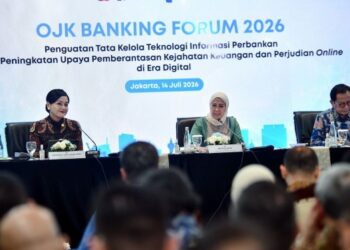 Menkomdigi Meutya Hafid menyampaikan paparan dalam acara OJK Banking Forum 2026: "Penguatan Tata Kelola Teknologi Informasi Perbankan serta Peningkatan Upaya Pemberantasan Kejahatan Keuangan dan Perjudian Online di Era Digital", di Menara Radius Prawiro, Gedung Bank Indonesia, Jakarta Pusat, Selasa (14/07/2026). Foto: DRA/Komdigi. Judi Online