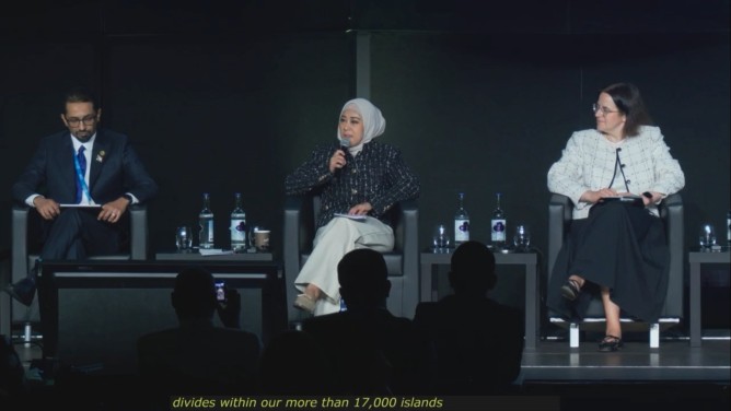 Menkomdigi Meutya Hafid saat menjadi narasumber dalam Forum Perserikatan Bangsa-Bangsa (PBB) World Summit on the Information Society (WSIS) Forum 2026 : Leaders SummitX di Jenewa, Swiss, Kamis (09/07/2026).(Foto: Dok. Komdigi)