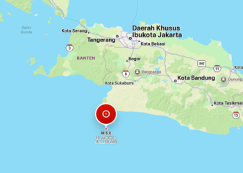 Gempa bumi berkekuatan magnitudo 5,0 mengguncang wilayah Sukabumi, Jawa Barat, pada Minggu (19/7/2026) sore pukul 15.11 WIB.(Image: BMKG)