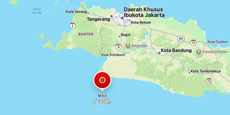 Gempa bumi berkekuatan magnitudo 5,0 mengguncang wilayah Sukabumi, Jawa Barat, pada Minggu (19/7/2026) sore pukul 15.11 WIB.(Image: BMKG)