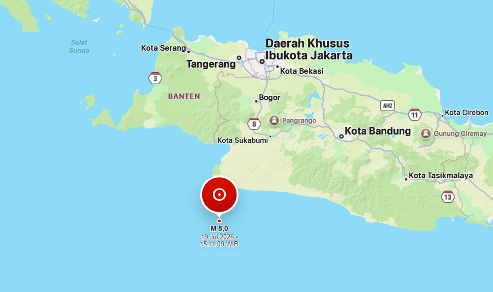Gempa bumi berkekuatan magnitudo 5,0 mengguncang wilayah Sukabumi, Jawa Barat, pada Minggu (19/7/2026) sore pukul 15.11 WIB.(Image: BMKG)