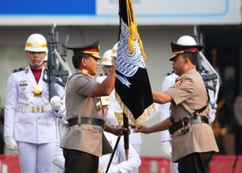 Korps Lalu Lintas (Korlantas) Polri menggelar upacara serah terima jabatan Kakorlantas dari Irjen Pol. Agus Suryonugroho kepada Irjen Pol. Wibowo di Lapangan NTMC Polri, Jakarta, Sabtu (4/7/2026).(Foto: Dok. Humas Korlantas Polri)
