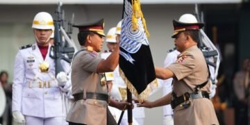 Korps Lalu Lintas (Korlantas) Polri menggelar upacara serah terima jabatan Kakorlantas dari Irjen Pol. Agus Suryonugroho kepada Irjen Pol. Wibowo di Lapangan NTMC Polri, Jakarta, Sabtu (4/7/2026).(Foto: Dok. Humas Korlantas Polri)