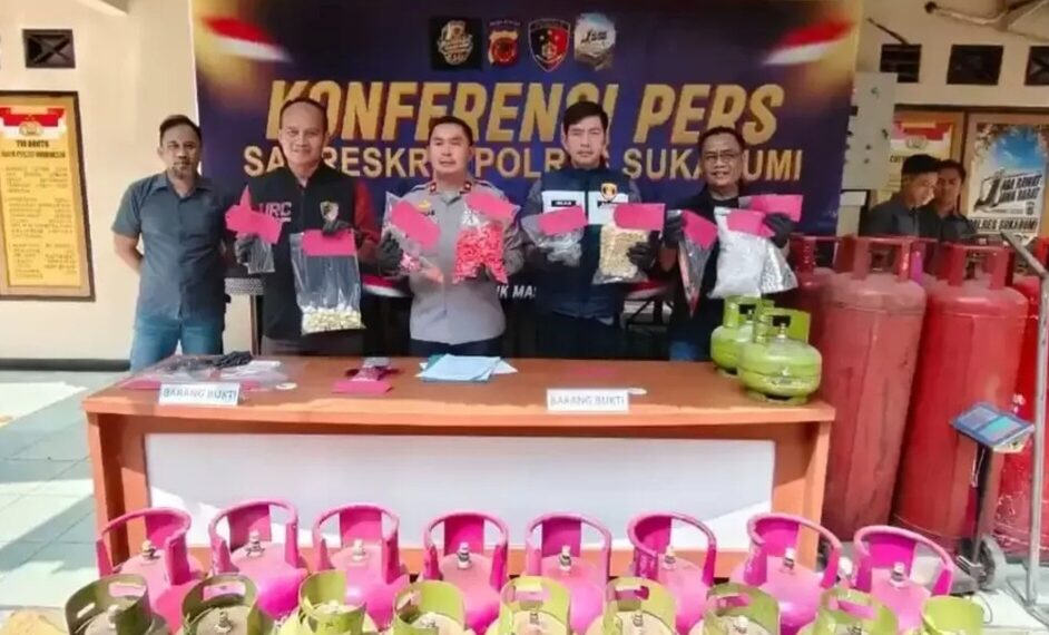 Keterangan pers Polres Sukabumi bongkar praktik pengoplosan Elpiji bersubsidi tiga kilogram.(Foto:Istimewa).