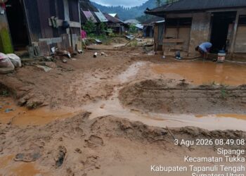 Kondisi banjir yang merendam permukiman warga di Kabupaten Tapanuli Tengah, Sumatera Utara, Senin (3/8/2026). (Foto: BPBD Kabupaten Tapanuli Tengah Via BNPB)