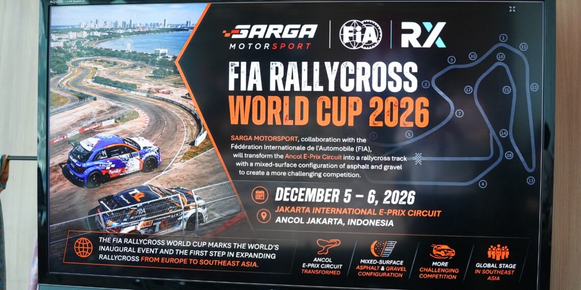 FIA Rallycross World Cup Indonesia 2026 merupakan ajang FIA Rallycross World Cup pertama di dunia yang diselenggarakan di Asia Tenggara, yang menjadi momentum bersejarah bagi Jakarta dan Indonesia, diinisiasi melalui kerja sama antara Sarga Motorsport dan Fédération Internationale de l'Automobile (FIA) di Jakarta International E-Prix Circuit, Ancol, pada 5–6 Desember 2026. (Foto: Dok. Biro Komunikasi Kementerian Ekraf/ Badan Ekraf.)