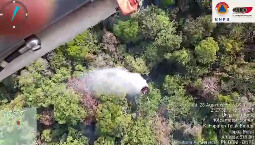 Pengerahan helikopter water bombing untuk pemadaman karhutla di Kabupaten Teluk Bintuni, Papua Barat, Jumat (28/8). (Foto: BNPB)